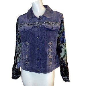 John Mark Jacket Medium Corduroy Velvet Burnout Sheer Sleeve Embroidered Beaded